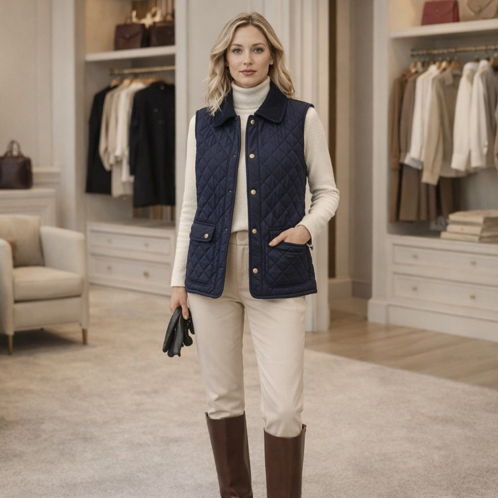 LAUREN RALPH‎ LAUREN NWOT Navy Quilted Vest LARGE Snap Button Front